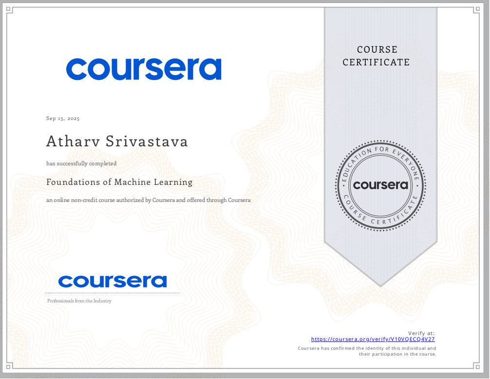 Machine Learning Specialisation certificate